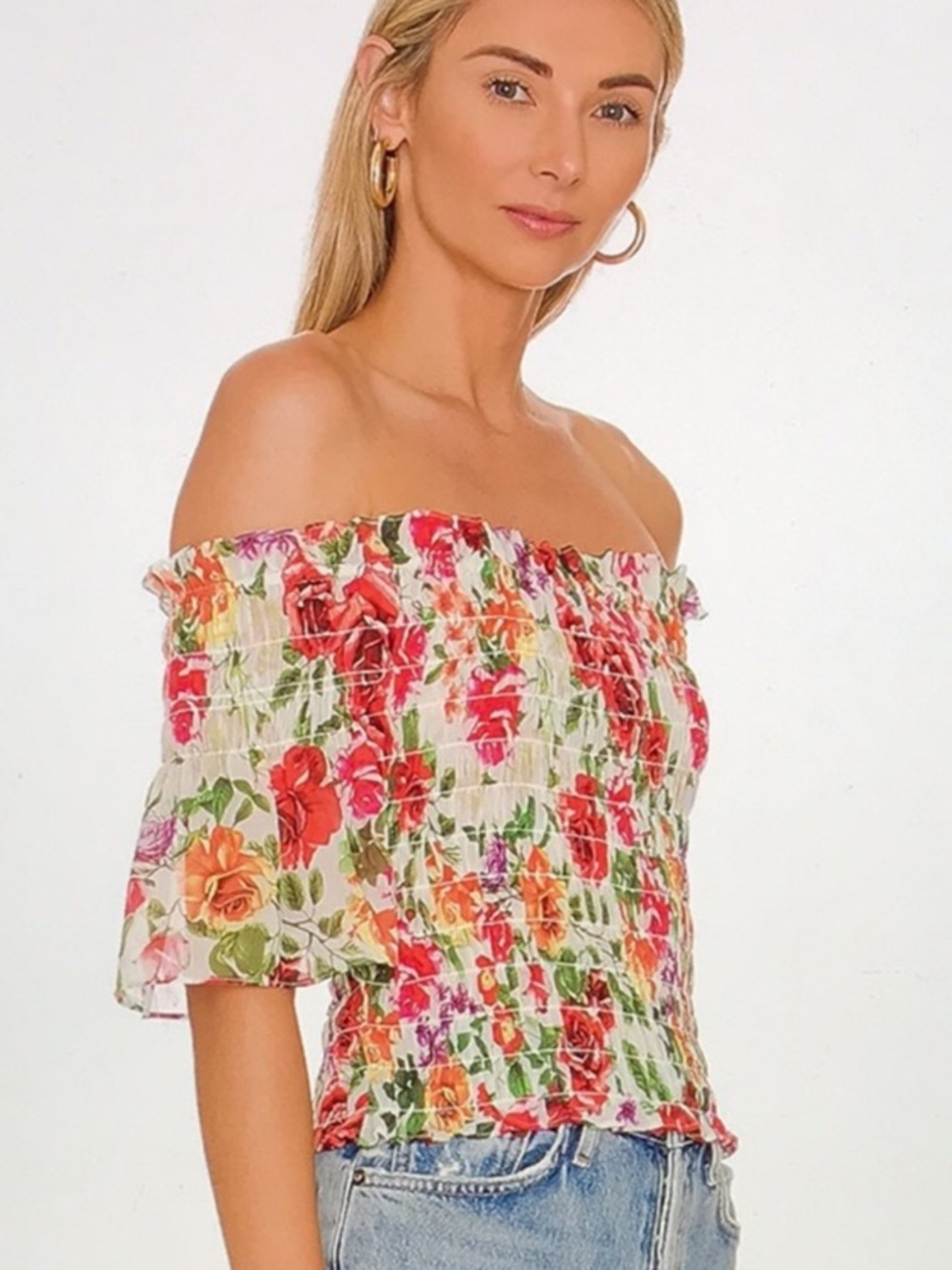 L’Agence Bexley Off Shoulder Smocked Top in White Multi Garden Floral S $260 - Picture 5 of 15